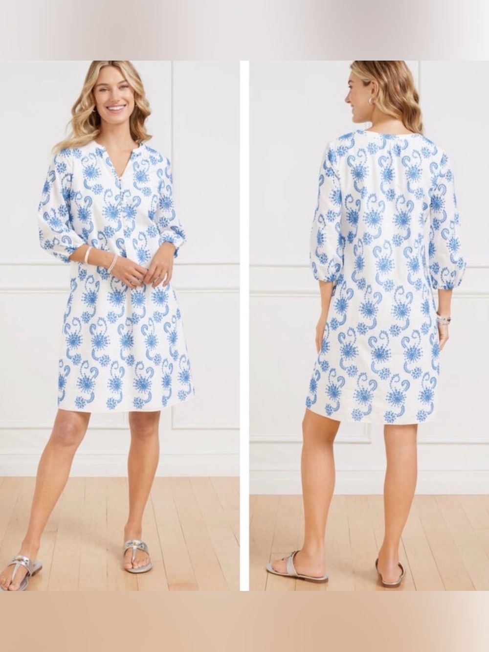 NWT, Talbots Dancing Eyelet Puff Sleeve Dress in Lakeside Blue & White, Size 14
